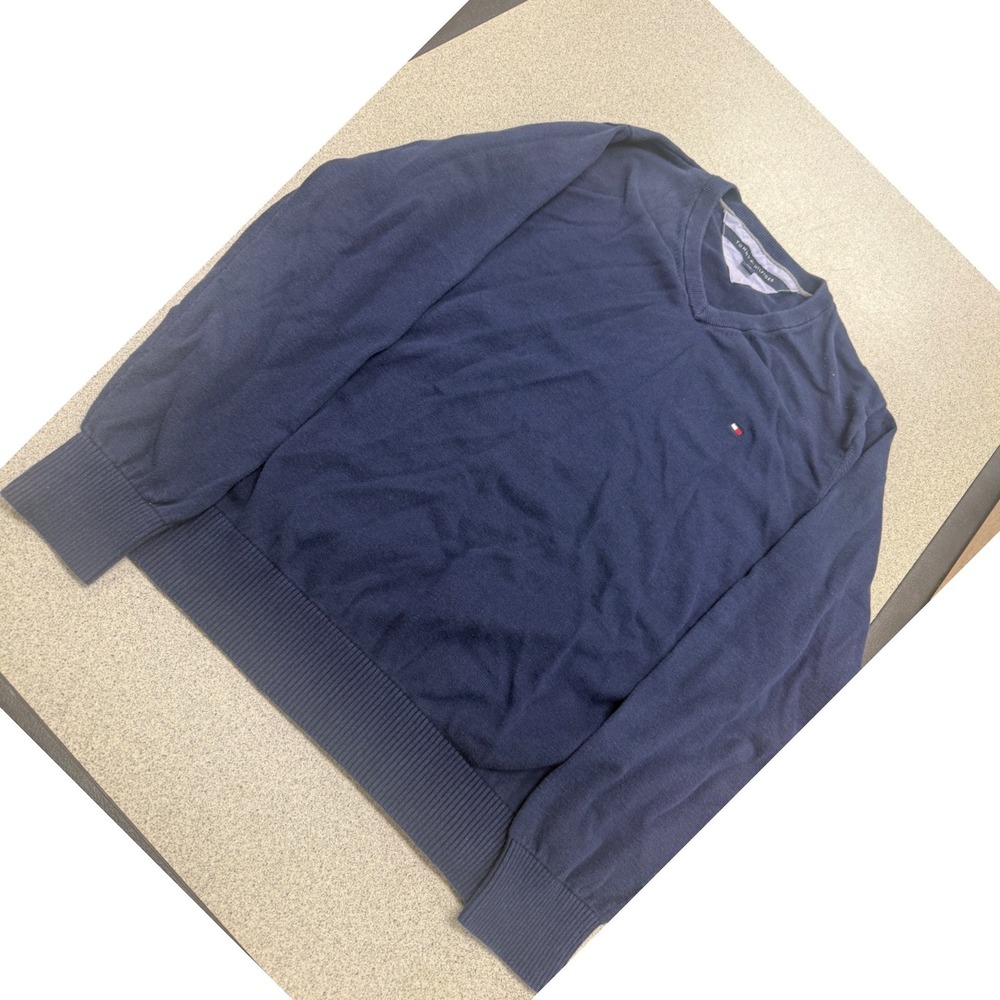 Tommy Hilfiger Mens Navy Blue Cotton V-Neck Sweater Size Large Logo Knit